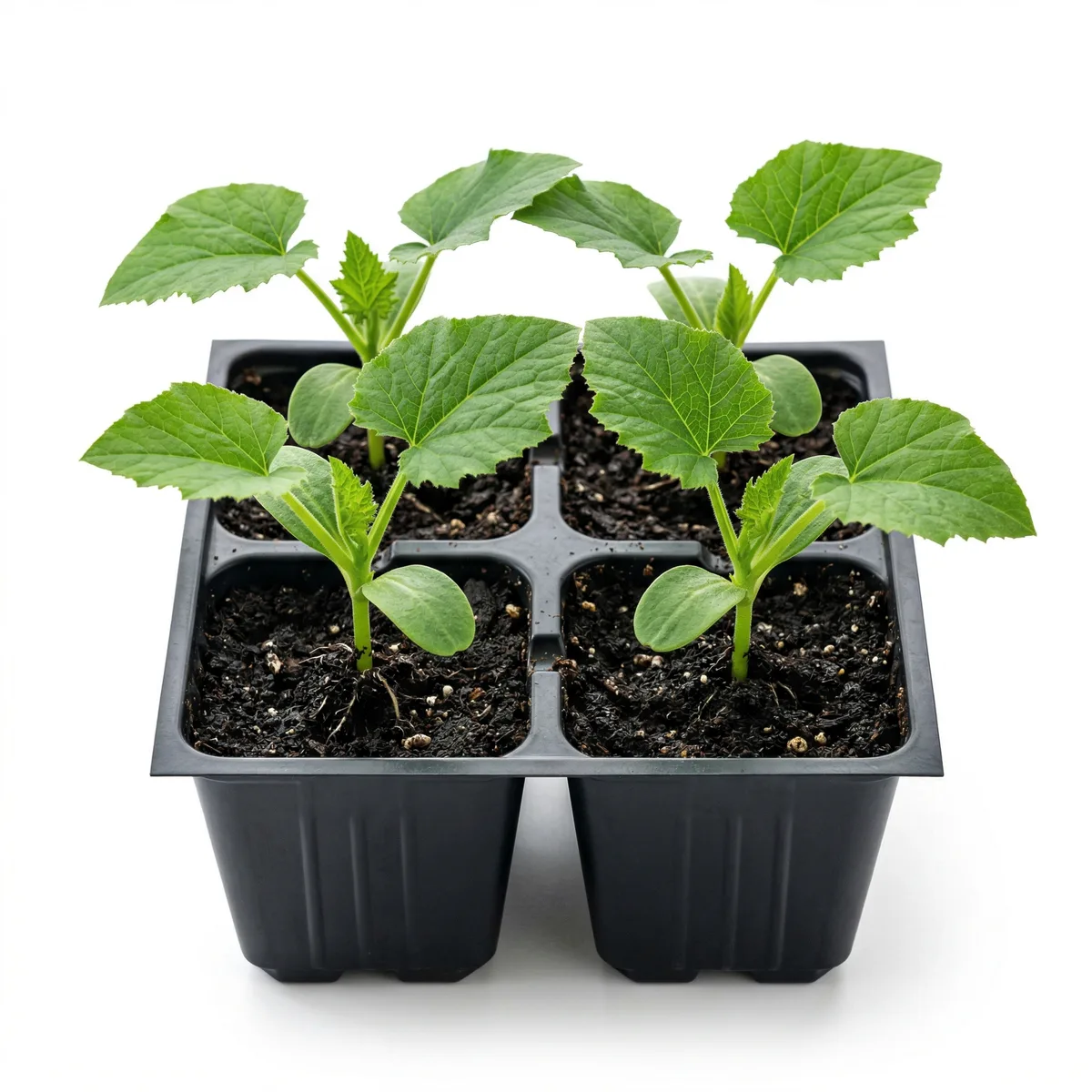 Yellow squash seedlings in a 4-pack tray ready for planting